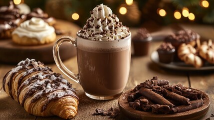 A decadent scene of hot chocolate paired with desserts or pastries, featuring chocolate croissants, biscotti, or cinnamon rolls alongside a steaming mug of cocoa