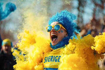 A fan decked out in blue and yellow, with vibrant sunglasses and hair, cheering loudly while surrounded by yellow and blue smoke during a soccer match.