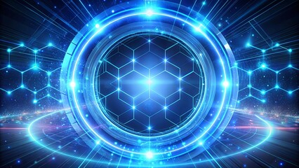 Obraz premium A glowing blue ring with a hexagonal grid at the center, surrounded by lines of light and a backdrop of swirling patterns.