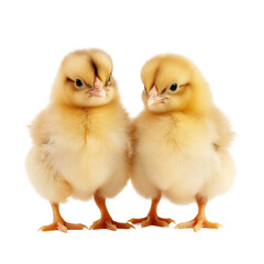 Obraz premium Two yellow chicks standing together against a plain transparent background in a playful pose