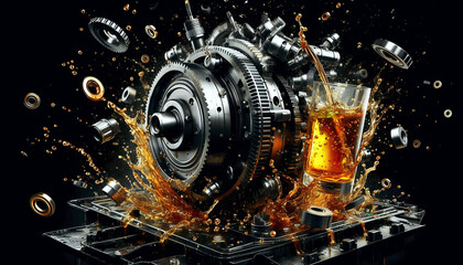 The engine's gone out of control &ndash; it&rsquo;s blown out the oil. Engine components with oil splash, mechanical parts and lubrication concept