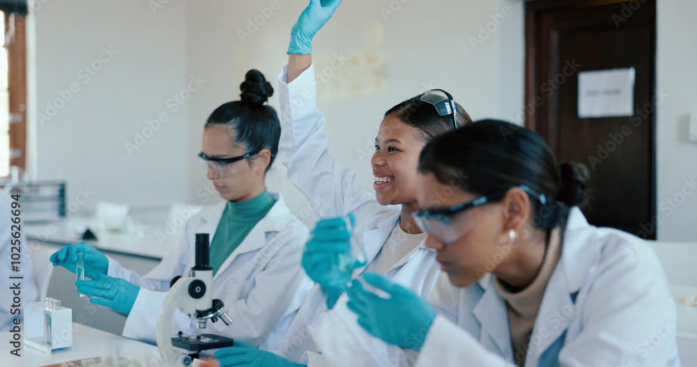 Poster Science, students and question in class for learning, PPE and lecture for higher education. Chemistry lesson, woman or problem solving in academy for experiment, lab research and studying for exams