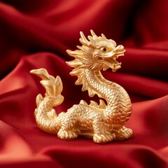 Fototapeta premium A golden zodiac dragon figurine, set against a red silk fabric backdrop