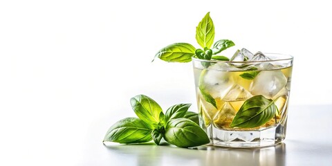 elegant cocktail in short glass decorated with basil on white background