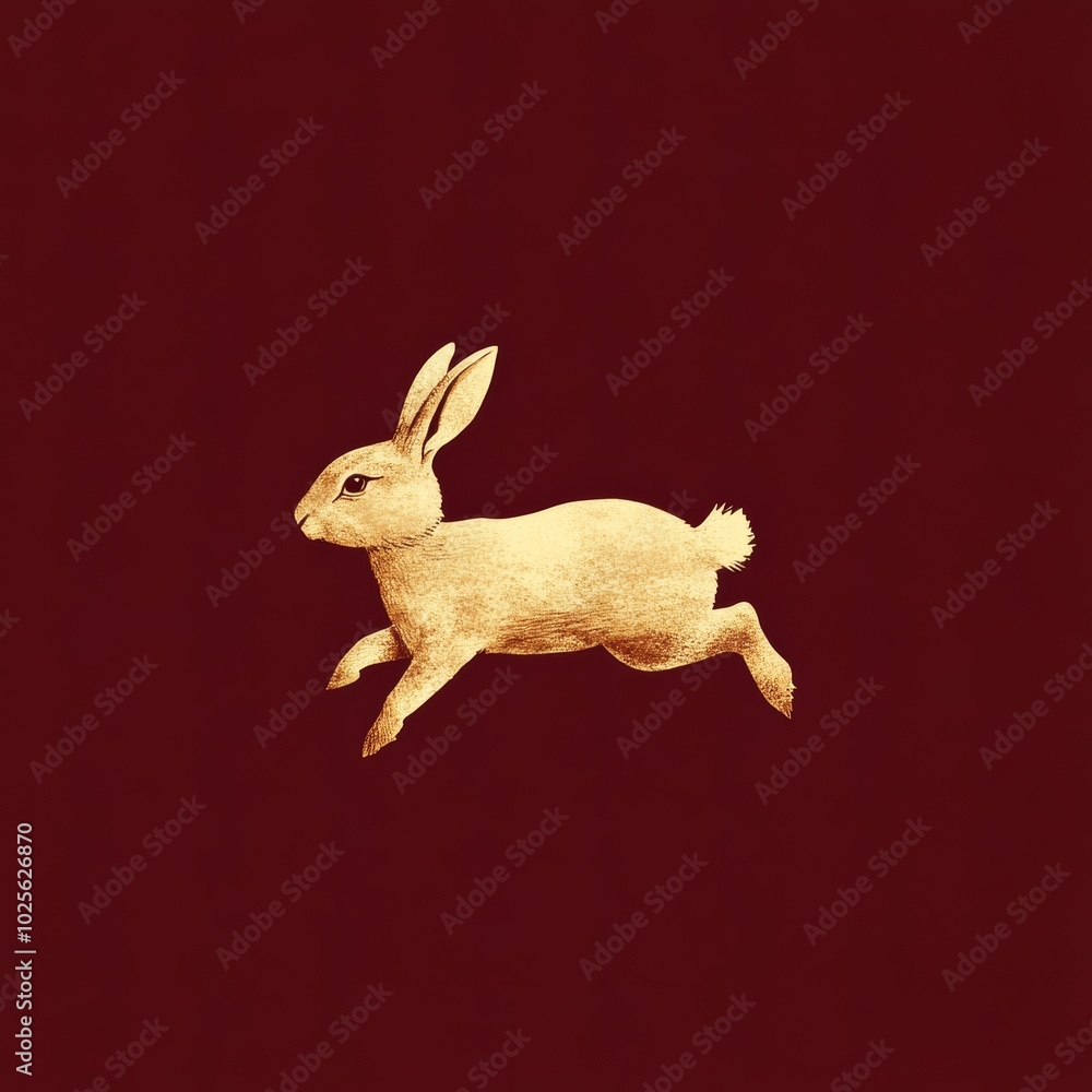 Poster a minimalist gold rabbit design floating against a deep red background