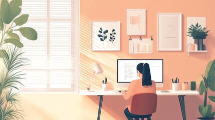 Fototapeta premium Woman Working at Computer Desk in a Modern Home Office