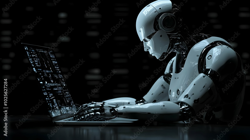 Poster a white robot works on a laptop with code displayed on the screen in a dark room