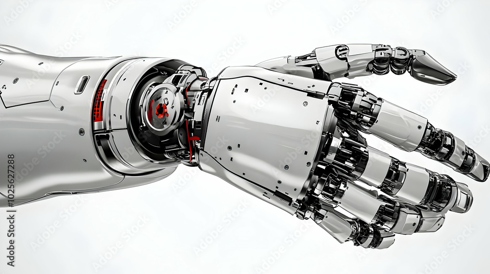 Poster a detailed 3d render of a chrome robotic hand reaching out with its fingers extended in a gesture of