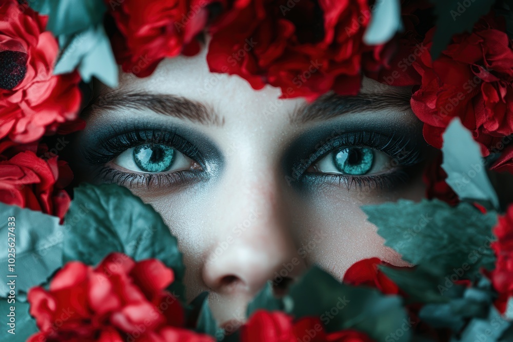 Sticker Captivating eyes surrounded by vibrant red roses