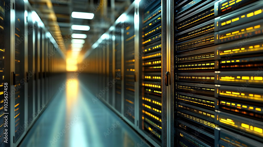 Poster a row of server racks in a modern data center, with glowing lights indicating active hardware, and a