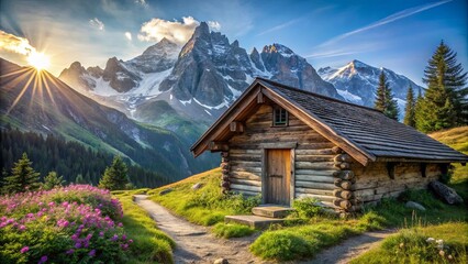 Fototapeta premium A rustic wooden cabin nestled amidst verdant hills, bathed in the golden glow of a setting sun, with towering snow-capped mountains as a backdrop.