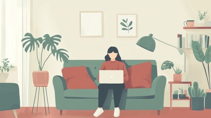 A woman sitting on a green sofa, using a laptop in a modern interior with plants