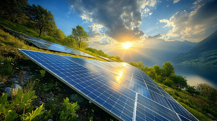 Solar Panels Capture Sunlight on a Hillside with a Lake and Mountains in the Background