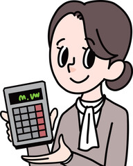 電卓で料金を示す女性