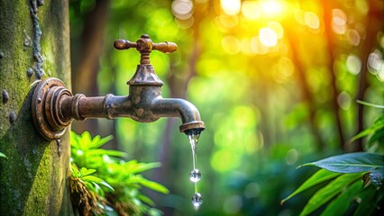 A Rustic Faucet Dripping Water in a Lush Green Forest, Bathed in the Golden Light of the Setting Sun