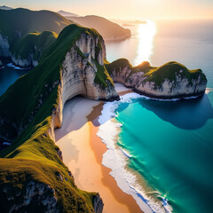 Majestic cliffs framing turquoise waves crashing onto white sandy shore at golden hour with Generative AI