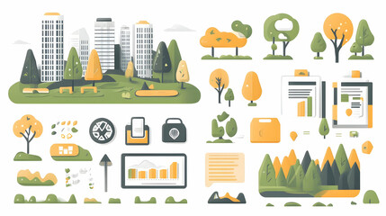 Obraz premium Illustrated City Park with Trees and Buildings, Featuring Graphic Design Elements Like Charts, Graphs, and Folders