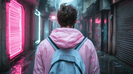 Obraz premium person walking in rainy city alley