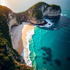 Awe-inspiring aerial of cliffs and beach, where turquoise waves meet the shore at sunset with Generative AI