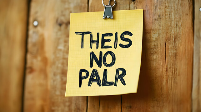 A Yellow Sticky Note with Handwritten Text 'THEIS NO PALR' Attached to a Wooden Surface