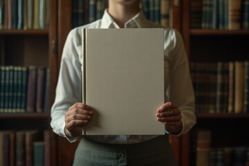 Librarian holding blank book cover, with copy space