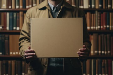 Librarian holding blank book cover, with copy space