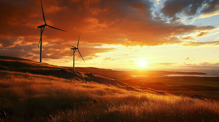 Obraz premium Two Wind Turbines Silhouetted Against a Fiery Sunset Over a Grassy Hilltop Landscape