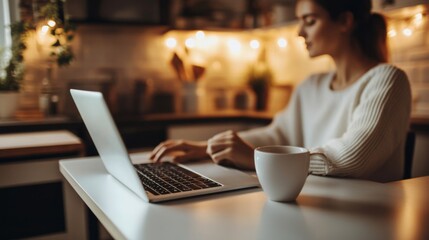 Woman Using Laptop with a Cup of Coffee on a Table