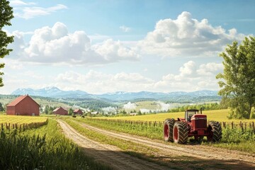 Obraz premium Red Tractor on a Country Road with a View of Rolling Hills and a Blue Sky