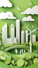 The concept of a green city and environment with a family. paper art and digital craft style.