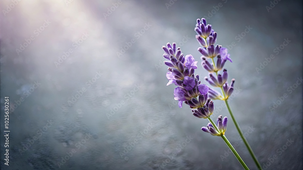 Poster A single lavender sprig with delicate purple blooms, bathed in soft, ethereal light, stands out against a textured, grayish background.