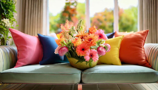 Classic elegance sofa styling with bold pillows and fresh florals