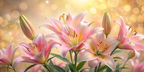 Fototapeta premium Delicate pink lilies with delicate petals and yellow centers, bathed in warm golden light, showcasing a soft, dreamy atmosphere