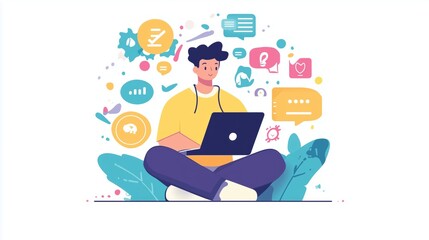 Fototapeta premium Technical support flat illustration. Man with icons.
