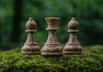 Antique chess pieces on moss-covered ground