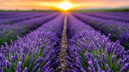 Obraz premium Stunning sunset over a lavender field