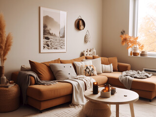 Scandinavian scandi modern minimalist cozy living room interior with fall decor. Neutral walls and couch with orange pillows