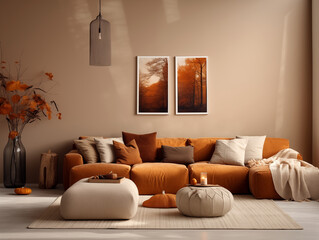Scandinavian scandi modern minimalist cozy living room interior with fall decor. Neutral walls and couch with orange pillows