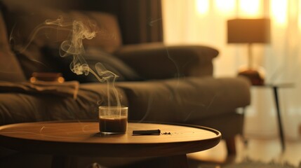 Obraz premium A Glass of Dark Liquid with Smoke Rising on a Wooden Table