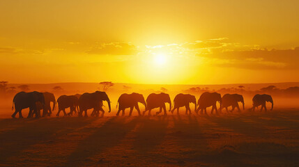 Elephants Walking Together at Sunset in Africa