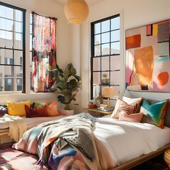 Boho Chic Bedroom with Vibrant Color Scheme, Throw Pillows and Natural Sunlight from Large Windows, Bedroom Decor
