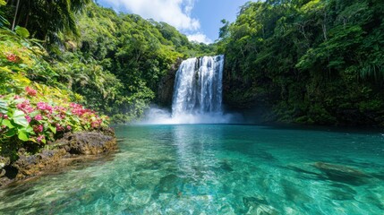 Fototapeta premium Stunning tropical waterfall in lush green jungle