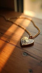 Gold heart-shaped pendant with engravings resting on wooden table with sunlight reflections