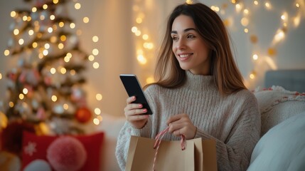 A joyful woman enjoys her time in a cozy, festive bedroom, surrounded by warm lights and holiday decor. She smiles while checking her smartphone and holding shpping bag