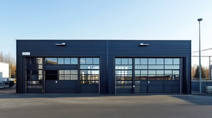 A small industrial building with clean lines and large garage doors in a modern industrial area