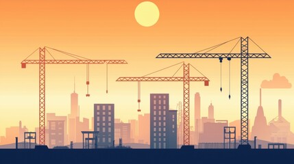Steel factory background with industrial cranes, girders, and metal plates
