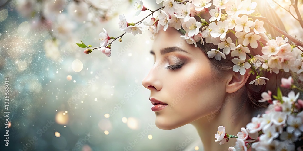 Wall mural A woman with closed eyes is surrounded by delicate blossoms, bathed in a gentle ethereal glow.