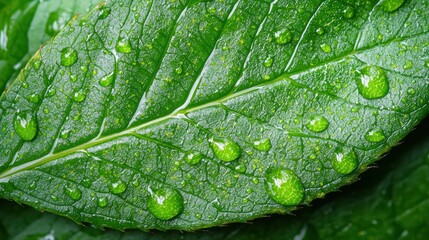 Fototapeta premium close-up of wet green leaf with water droplets