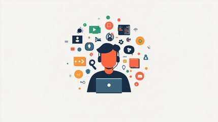 Technical support flat illustration. Man with icons.