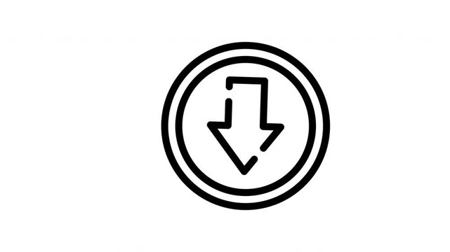 Download with black outline, pointing down yellow and blue arrow. Suitable for concepts like decrease, decline, negative trends.
